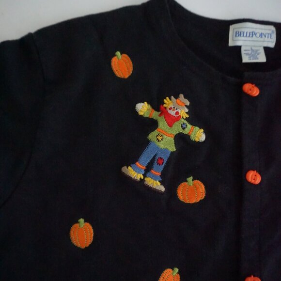 Vintage BellePointe Black Pumpkin Scarecrow Cotton Halloween Holiday Cardigan L - Picture 10 of 11